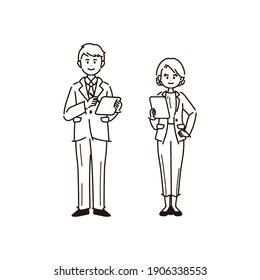 It is an illustration of a male and female business person. In the line drawing, there is no fill part. Vector.