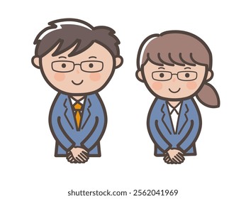 Illustration of a male and female businessman with glasses welcoming customers in a customer service pose