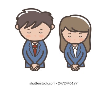 Illustration of male and female businessmen apologizing with their heads down_navy blue suit