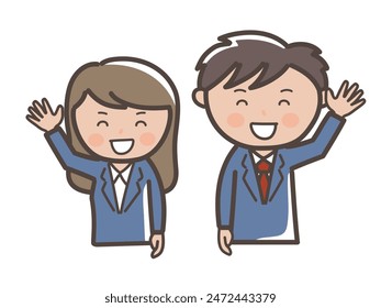 Illustration of male and female businessmen greeting each other with smiles on their upper body_navy blue suit