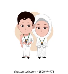 illustration of male and female characters wearing Islamic clothes performing the Hajj. Vector cartoons that can be used to caricature templates with plain backgrounds.