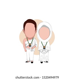 illustration of male and female characters wearing Islamic clothes performing the Hajj. Vector cartoons that can be used to caricature templates with plain backgrounds.