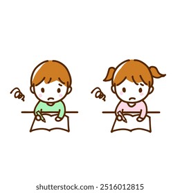 Illustration of male and female children in trouble while studying