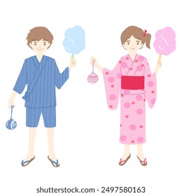 Illustration of male and female children wearing yukata and samue. They are smiling and holding cotton candy and yo-yos in their hands.