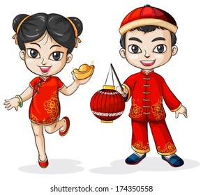 Illustration of a male and a female Chinese on a white background