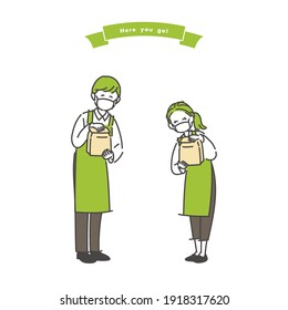 Illustration of a male and female clerk wearing a mask and handing a paper bag cutely. Vector.