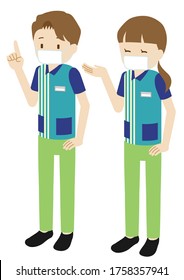 Illustration of male and female clerks at convenience store wearing a mask