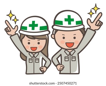 Illustration of male and female construction workers pointing to the sky and holding out hope for tomorrow