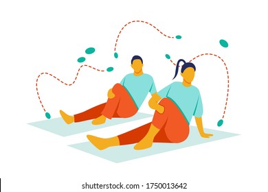 Illustration of male and female couples doing yoga. Flat style cartoon character with orange and green colors. The concept of activities carried out by someone