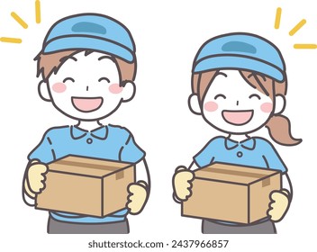 Illustration of a male and female delivery agent holding a cardboard box