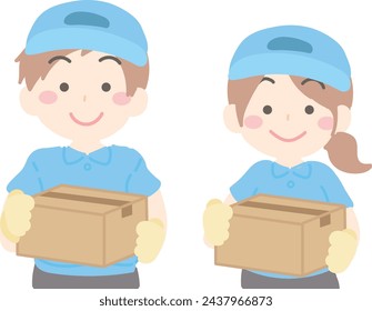Illustration of a male and female delivery agent holding a cardboard box