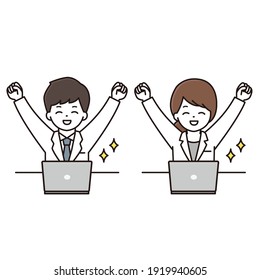 Illustration of male and female doctors and pharmacists doing guts poses in front of a laptop