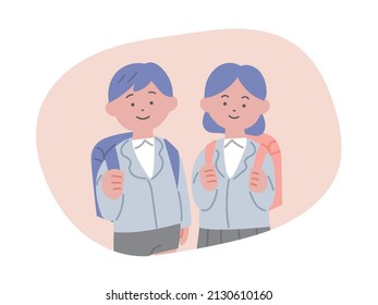 Illustration of male and female elementary school students carrying school bags