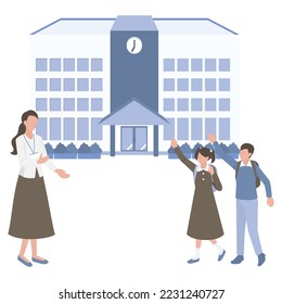 It is an illustration of a male and female elementary school student who is cheerfully going to school and a teacher who welcomes them.