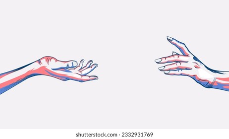 illustration of male and female hands. minimalist hand drawn style. hands that want to touch each other. vectors