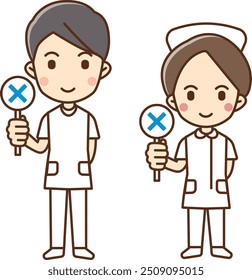 Illustration of a male and female health care worker holding a tag with the x symbol on it.