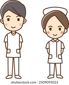 Illustration of a male and female healthcare worker standing with their hands clasped behind their backs.