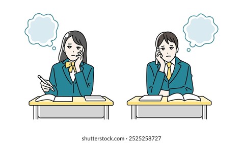 Illustration of male and female high school students worried while studying