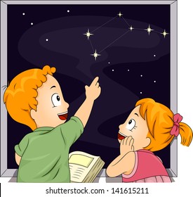 Illustration of Male and Female Kid Siblings Studying Constellations