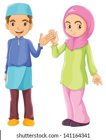 Illustration of a male and a female Muslim on a white background