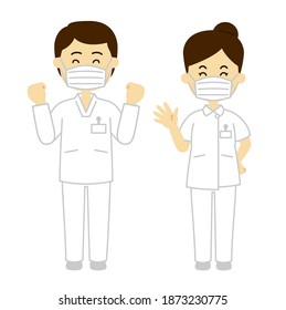 Illustration of a male and female nurse wearing a mask. White background vector data.