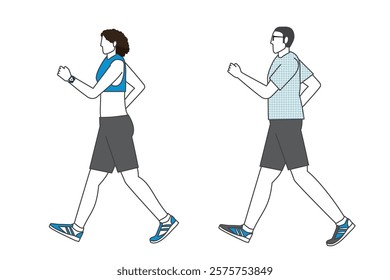 Illustration of a male and female pair taking a stroll, walking, walking Flat design Set of two-color main line illustrations.