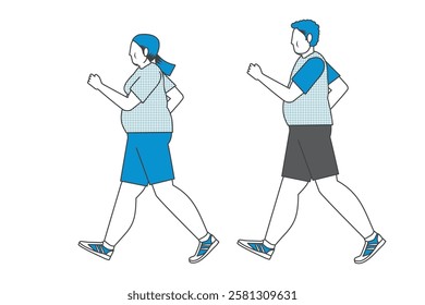 Illustration of a male and female pair taking a stroll, walking, walking Flat design Set of two-color main line illustrations.