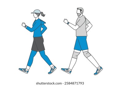 Illustration of a male and female pair taking a stroll, walking, walking Flat design Set of two-color main line illustrations.