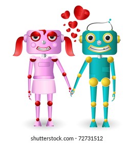 illustration of male and female robots loving each other
