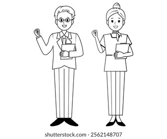 Illustration of male and female salespeople serving customers．