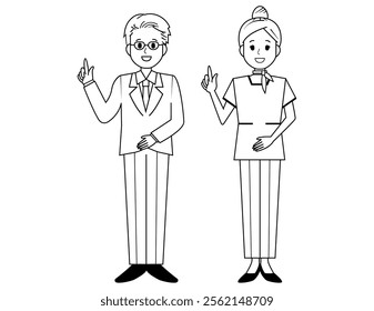 Illustration of male and female salespeople serving customers．