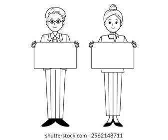 Illustration of male and female salespeople serving customers．