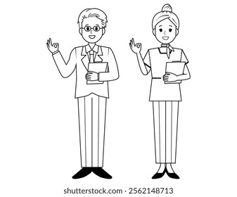 Illustration of male and female salespeople serving customers．