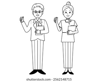 Illustration of male and female salespeople serving customers．