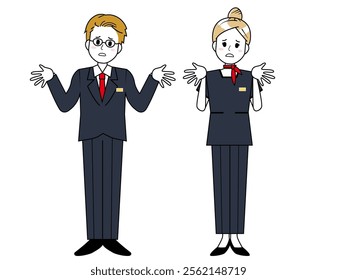 Illustration of male and female salespeople serving customers．