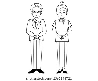 Illustration of male and female salespeople serving customers．