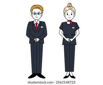 Illustration of male and female salespeople serving customers．