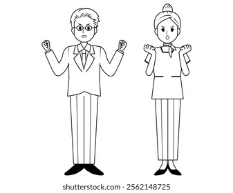 Illustration of male and female salespeople serving customers．