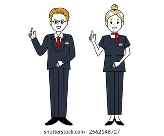 Illustration of male and female salespeople serving customers．