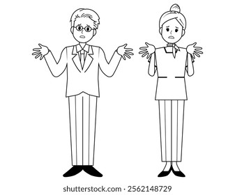 Illustration of male and female salespeople serving customers．