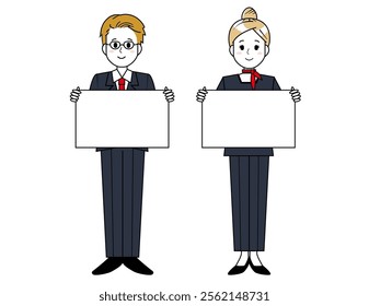 Illustration of male and female salespeople serving customers．