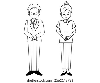 Illustration of male and female salespeople serving customers．