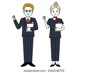 Illustration of male and female salespeople serving customers．