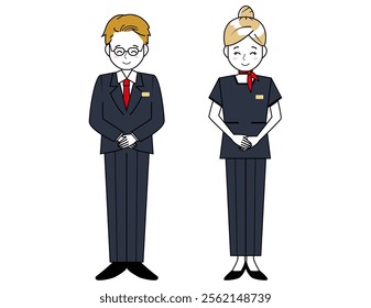 Illustration of male and female salespeople serving customers．