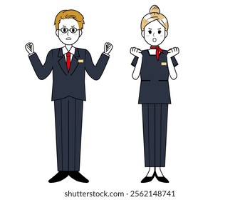 Illustration of male and female salespeople serving customers．