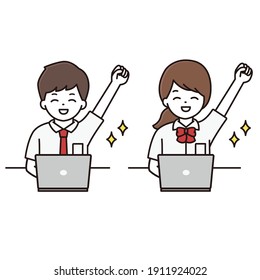 Illustration of a male and female student doing a guts pose with a smile in front of a computer