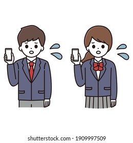 Illustration of a male and female student in uniform holding a smartphone with a troubled face