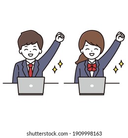 Illustration Of A Male And Female Student In Uniform Doing A Guts Pose With A Smile In Front Of A Laptop Computer