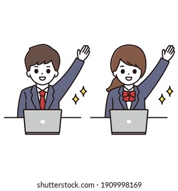Illustration of a male and female student in uniform raising his hand with a smile in front of a laptop computer