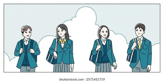 Illustration of male and female students carrying bags to and from school